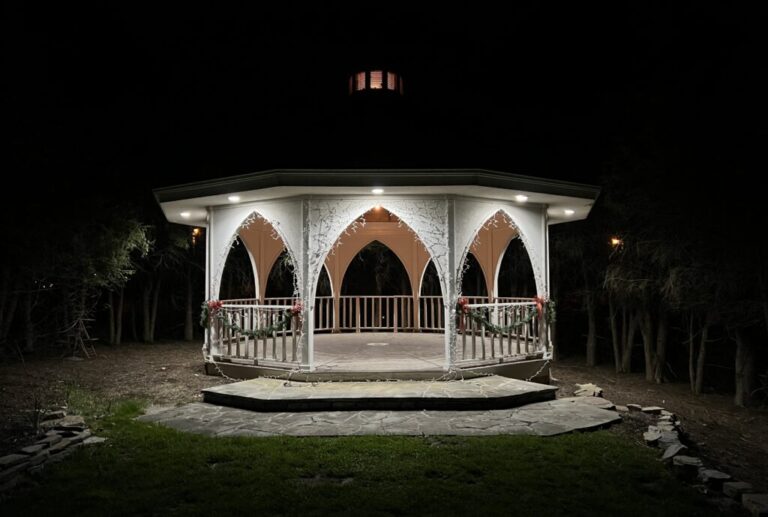 Our Gazebo and courtyard are a majestic setting for any ceremony. It is capable of seating up to 200 of your guests while surrounded by hemlock trees that create a great intimate setting.